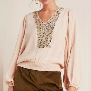 Anthropologie Maeve Pink Kristie Sequin Peasant Balloon Sleeve Top XS